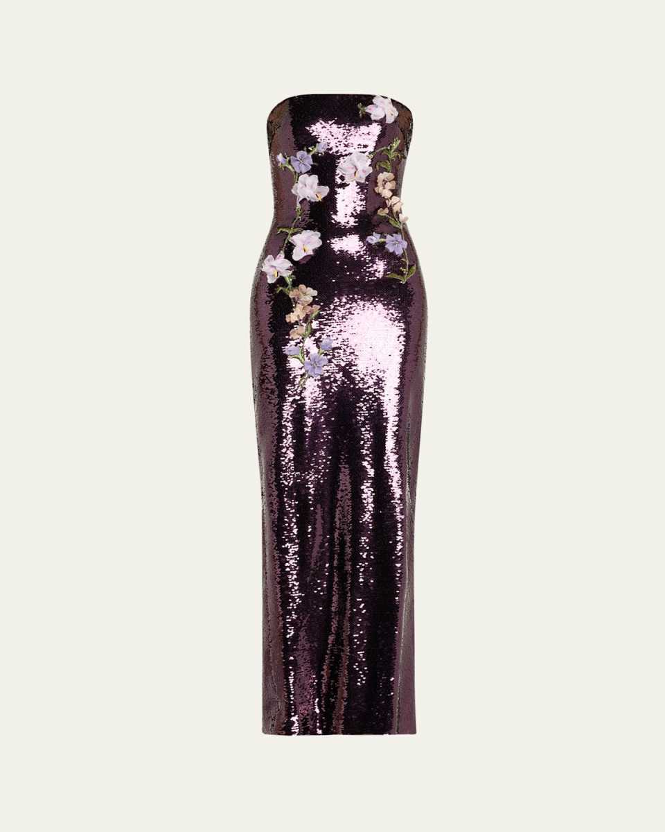 Strapless Floral-Embroidered Sequin Column Gown